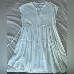 Calvin Klein Linen Short Sleeve Tiered V Neck Midi Dress With Pockets Size 10